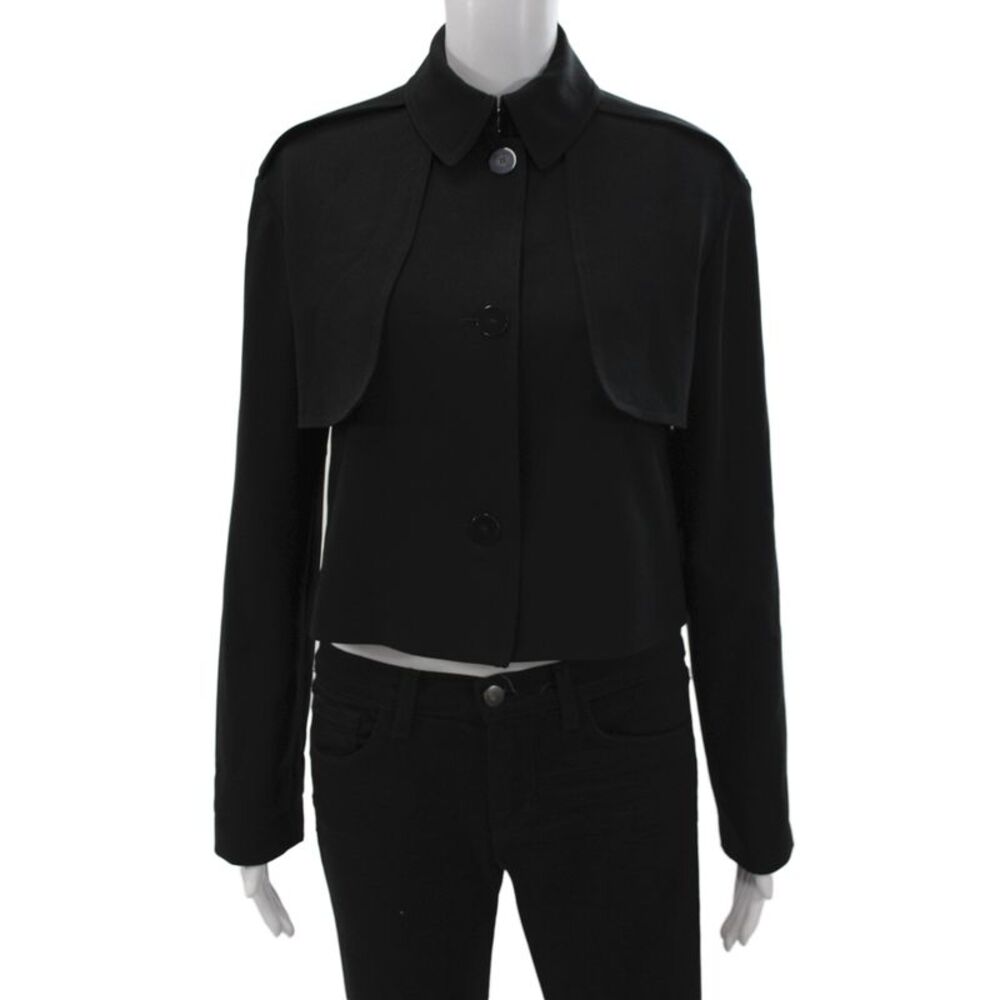 Theory Womens Trench Coat Black Collared Button Long Sleeve Petite Size S